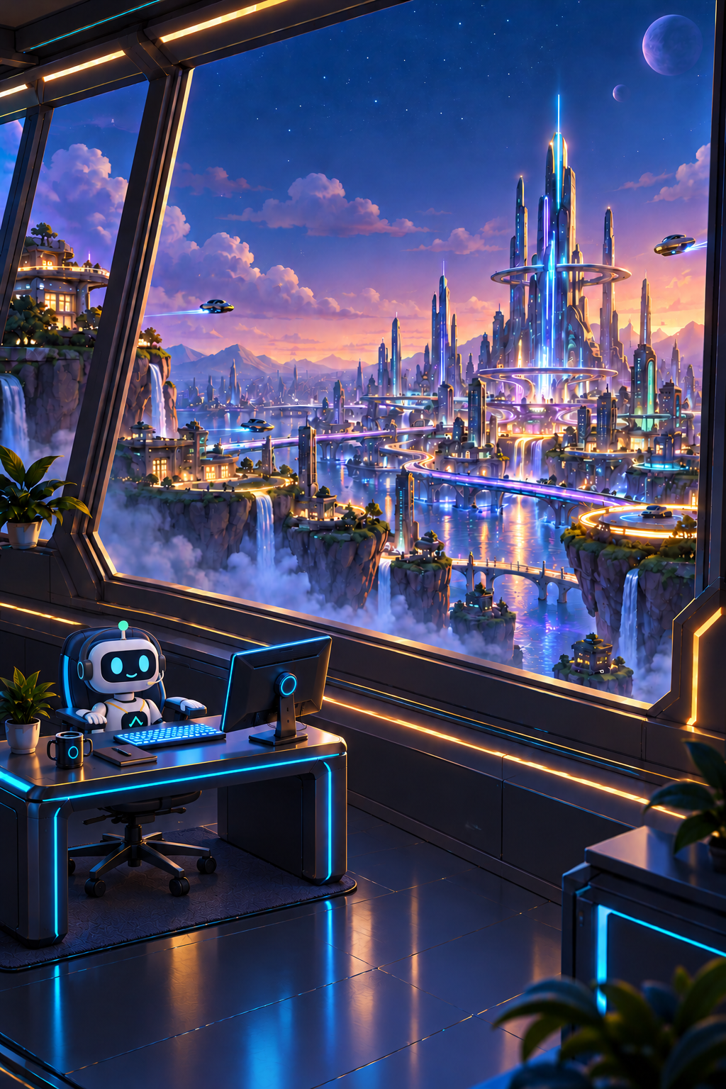 Robot employee seated in his chair behind a desk overlooking the city